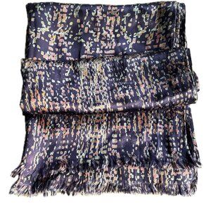 Italian Silk Scarf Multi-color Abstract Pattern on Indigo Fringe Edge 76x16 NWOT